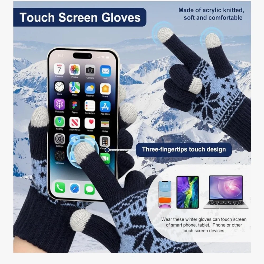 🆕 3 Pairs Touch Screen Gloves Snow Flower, Warm Knit Winter Gloves